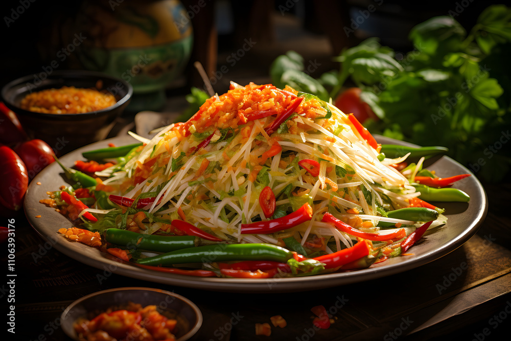 Spicy Thai Green Papaya Salad with Fresh Chili and Green Beans Spicy Thai Green Papaya Salad with Fresh Chili and Green Beans