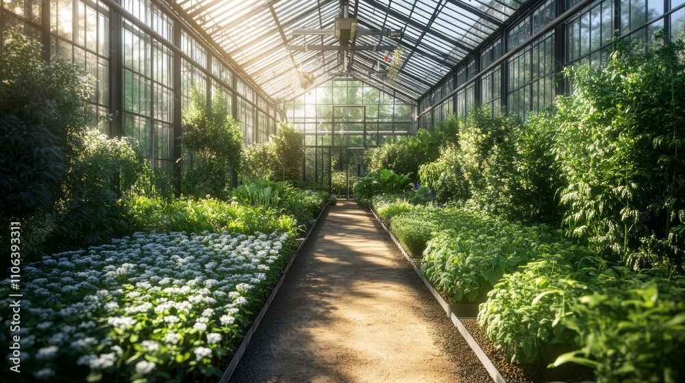 Sunbeams illuminate a path through a lush greenhouse filled with vibrant plants and flowers. Sunbeams illuminate a path through a lush greenhouse filled with vibrant plants and flowers.