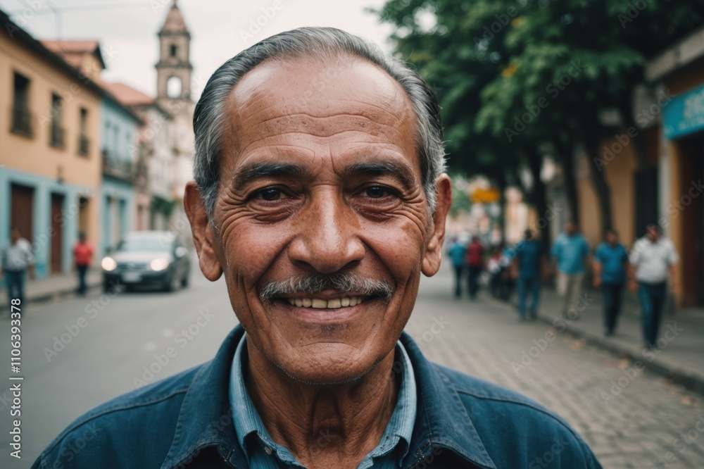 Close portrait of a smiling senior Guatemalan man looking at the camera, Guatemalan city outdoors  blurred background