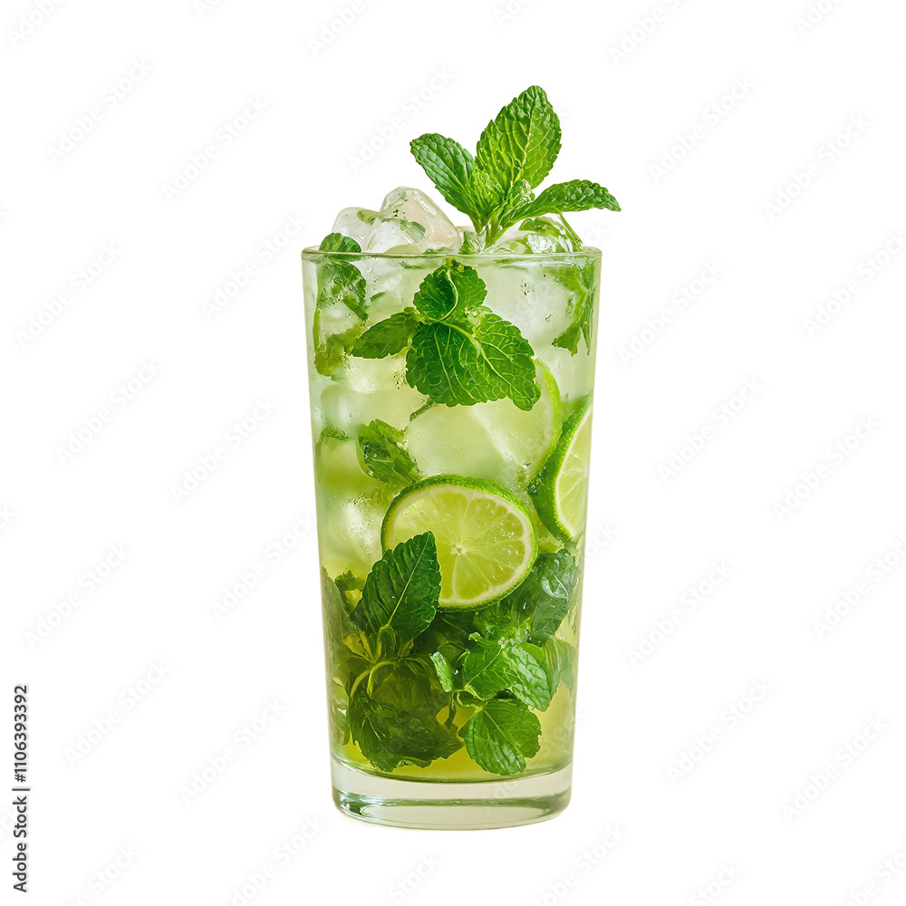 Bright green mojito in transparent glass with lime mint and ice cubes