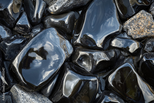 Smooth obsidian stone texture, jet black with sharp reflections and glossy highlights, bold and modern photo