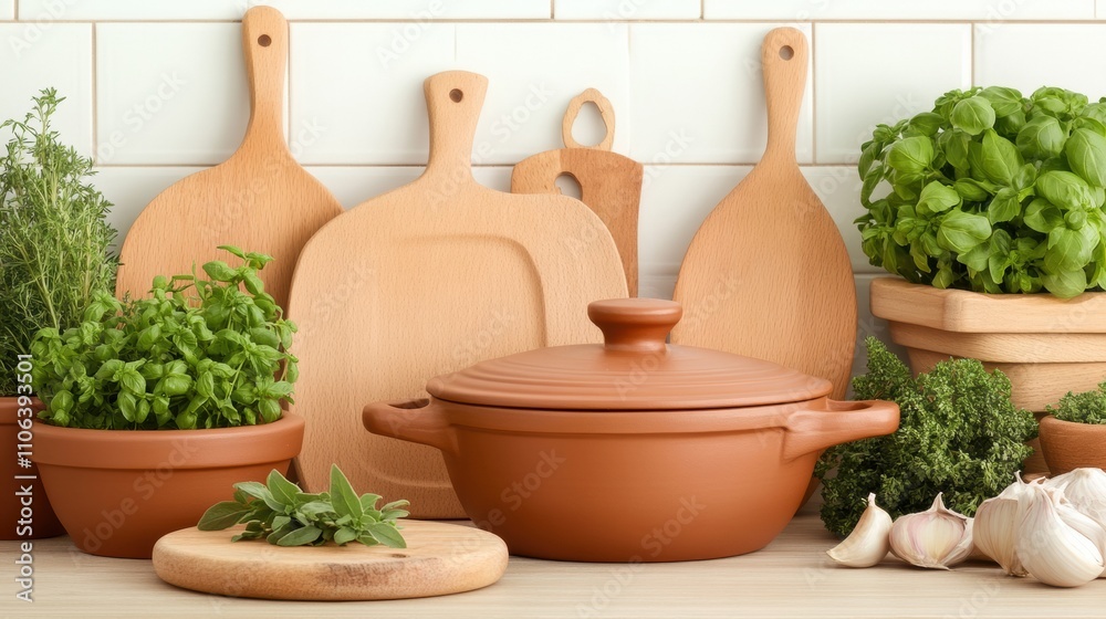 Clay pot surrounded by fresh herbs and wooden cutting boards in a cozy kitchen, AI Clay pot surrounded by fresh herbs and wooden cutting boards in a cozy kitchen, AI