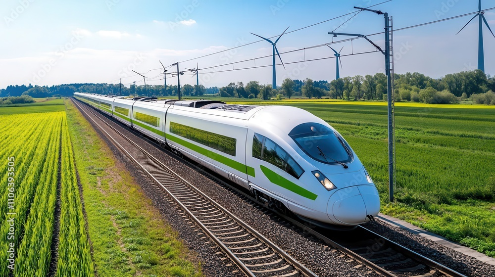 Fototapeta premium Electric-powered high-speed train, scenic countryside route, renewable energy branding