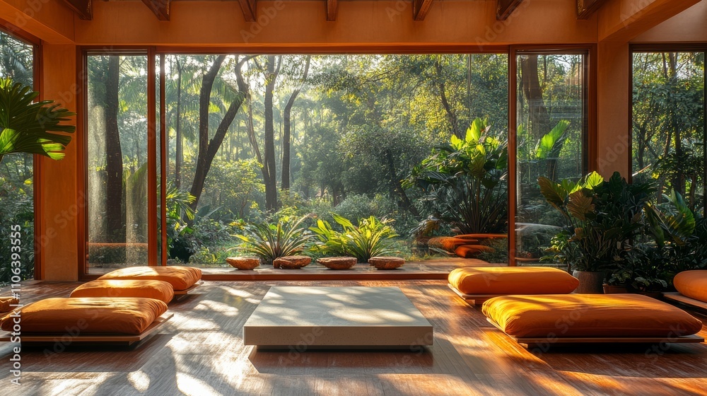 Fototapeta premium Sunbeams stream through a large window onto a modern living room with a white coffee table, orange cushions, and a wooden floor. The view outside is of a lush tropical garden.