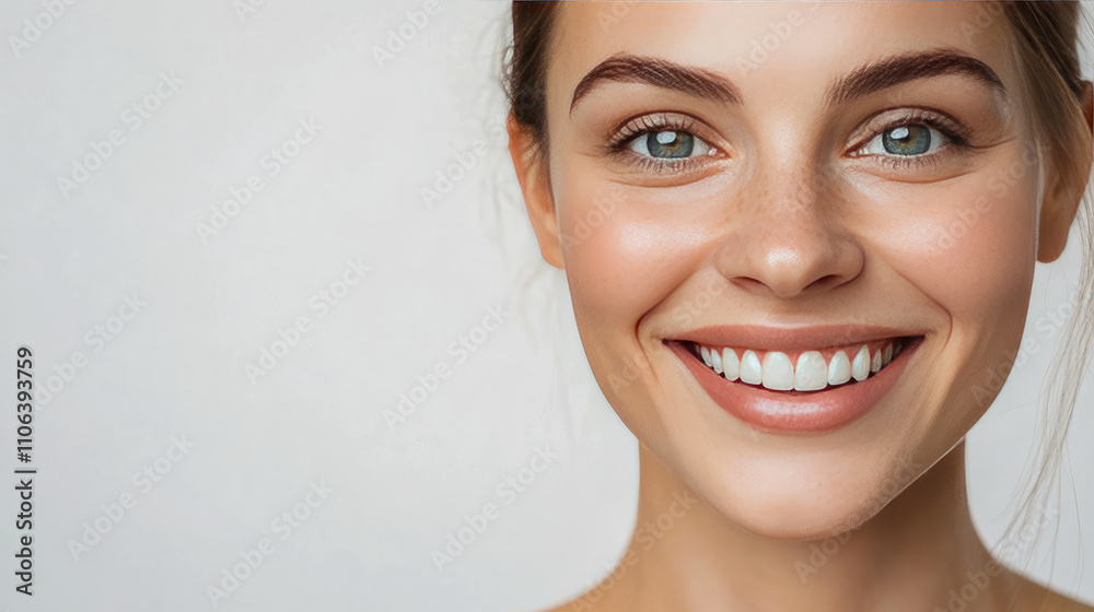 Fototapeta premium Close-up of smiling young caucasian female with freckles and bright eyes