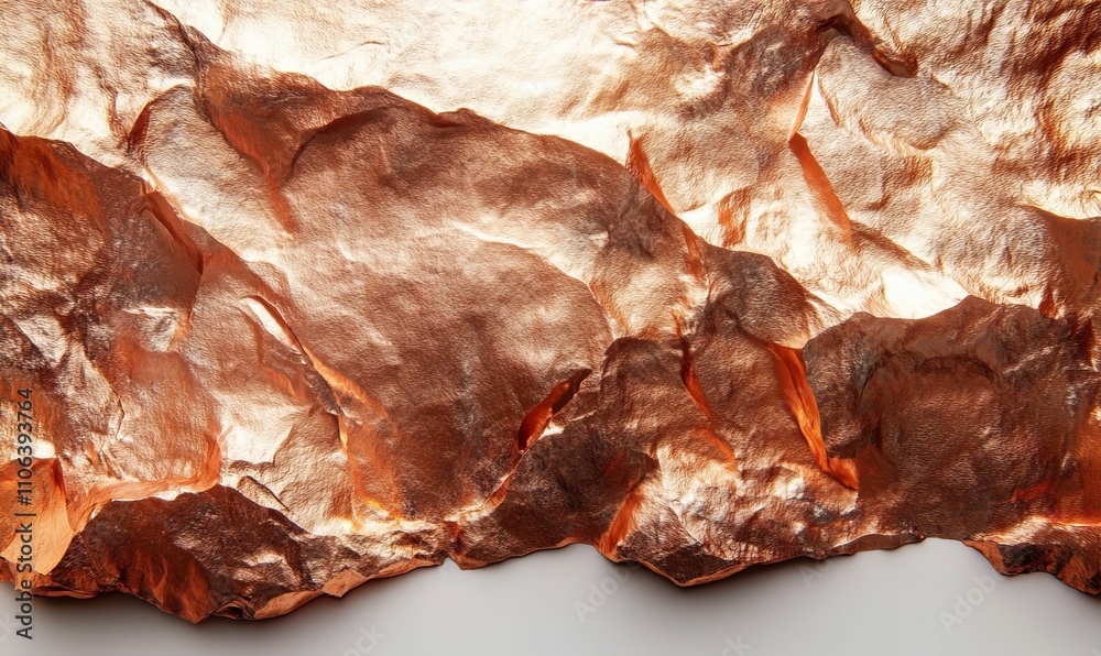 Metallic, textured surface; crumpled, bronze-colored material. Metallic, textured surface; crumpled, bronze-colored material.