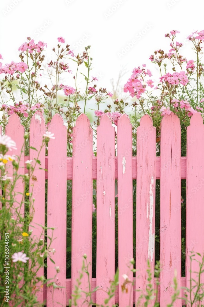 Fototapeta premium Pink fence, pink flowers, garden scene.
