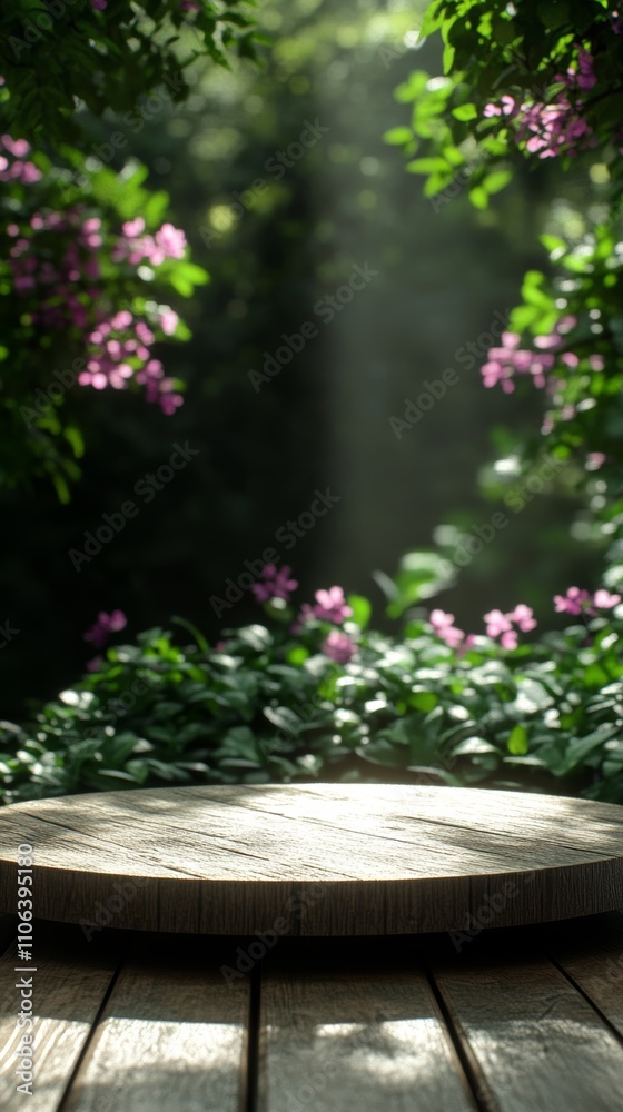 Wooden platform in a green forest with a soft sun ray and purple flowers.