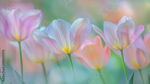 Pastel-colored tulips in bloom during a serene spring day