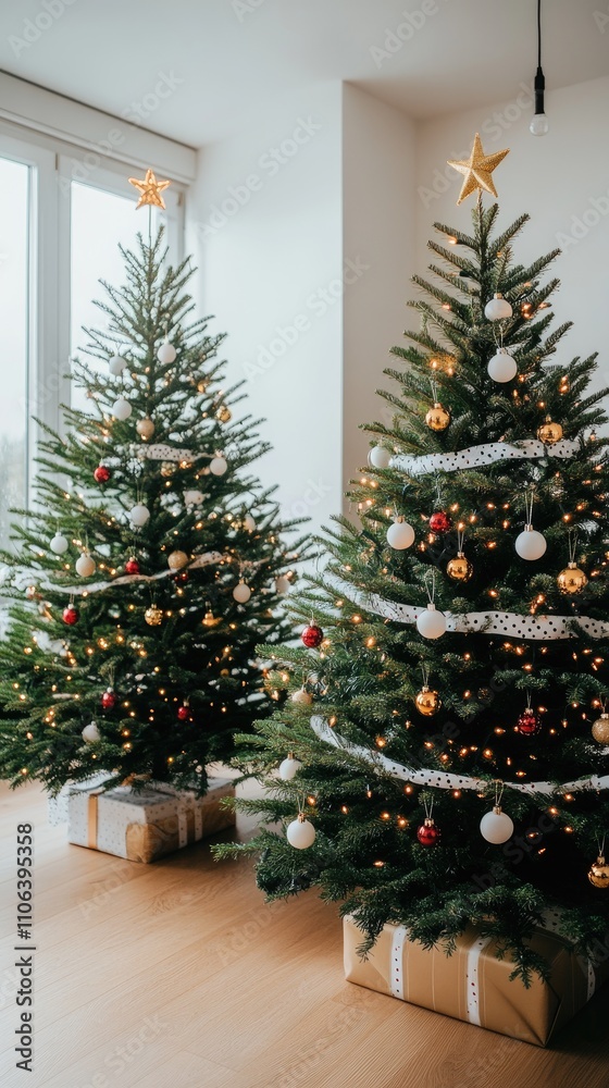 Two festive Christmas trees, adorned with red apples, ribbons, and glowing lights, create a warm, cheerful atmosphere in a bright room Two festive Christmas trees, adorned with red apples, ribbons, and glowing lights, create a warm, cheerful atmosphere in a bright room