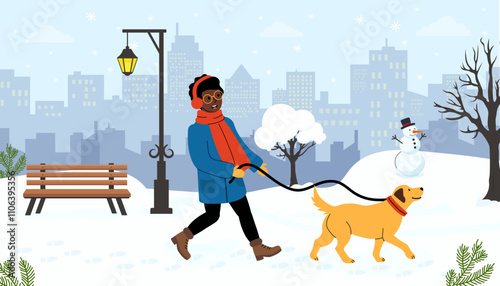 Enjoying a winter stroll with a dog in a snowy urban park setting