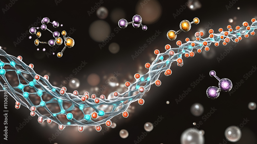 Abstract representation of molecular structures and chemical bonding in a dark background
Abstract representation of molecular structures and chemical bonding in a dark background