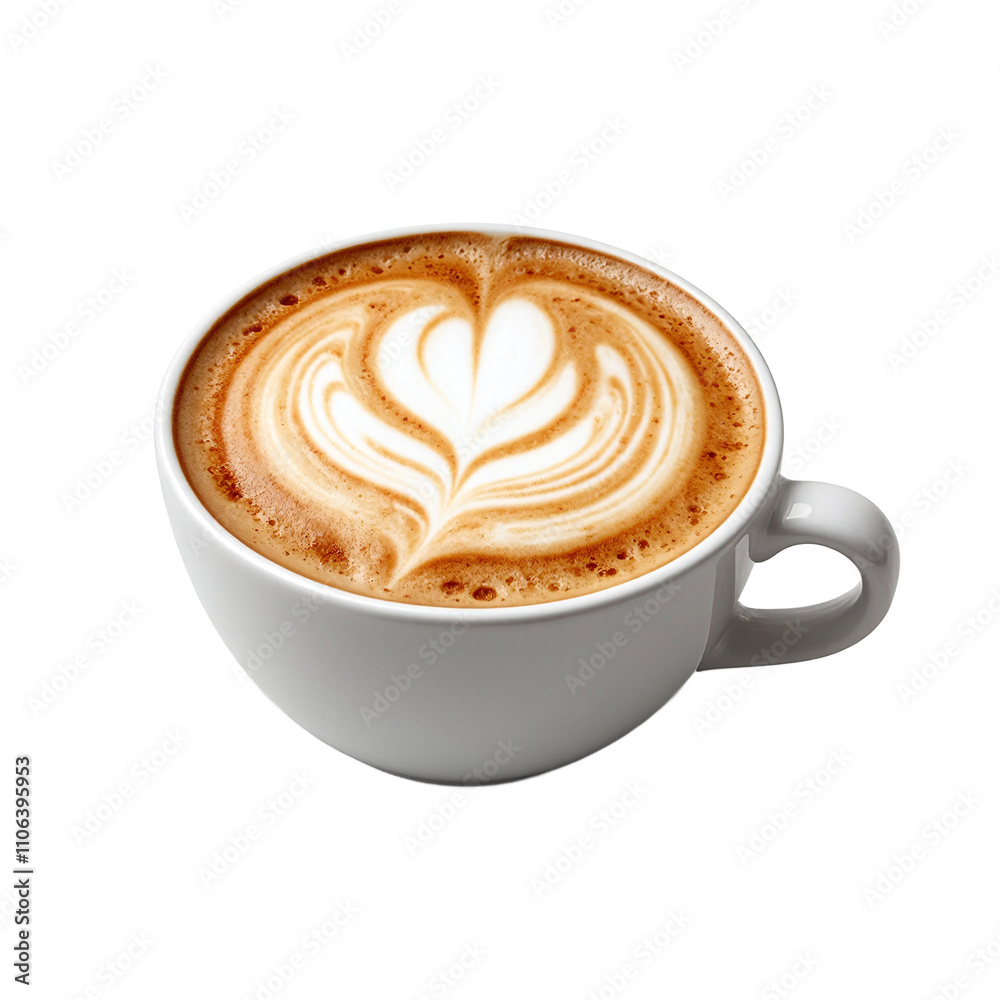 Heart shaped latte art on frothy cappuccino in ceramic cup Heart shaped latte art on frothy cappuccino in ceramic cup