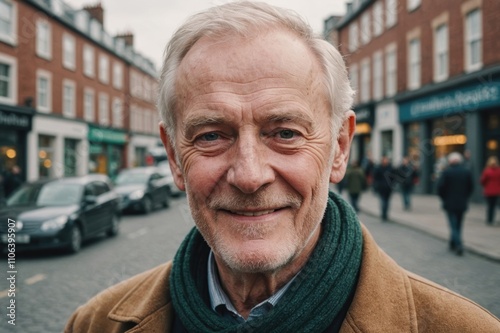 Close portrait of a smiling senior Irish man looking at the camera, Irish city outdoors blurred background