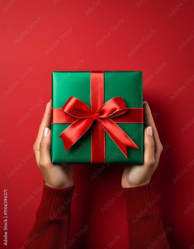hands holding a green gift box with a red ribbon on a vibrant red background hands holding a green gift box with a red ribbon on a vibrant red background