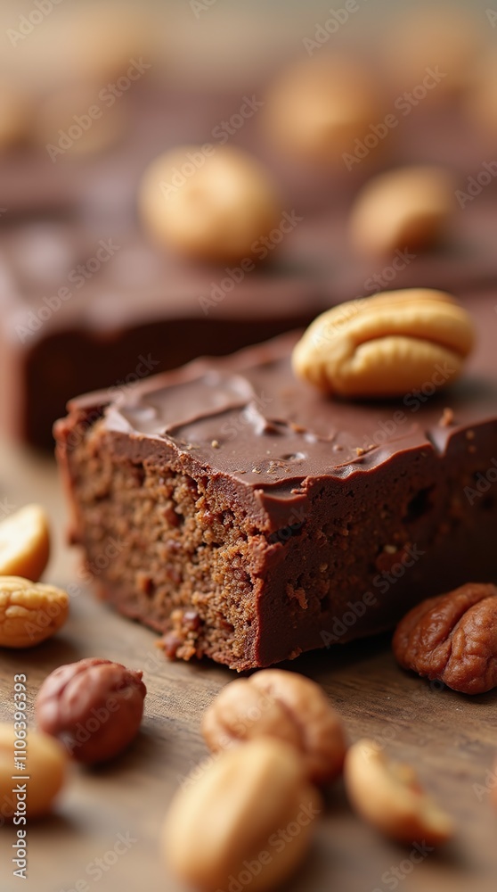 Close-Up of Chocolate Protein Bar with Wheat and Nuts Close-Up of Chocolate Protein Bar with Wheat and Nuts