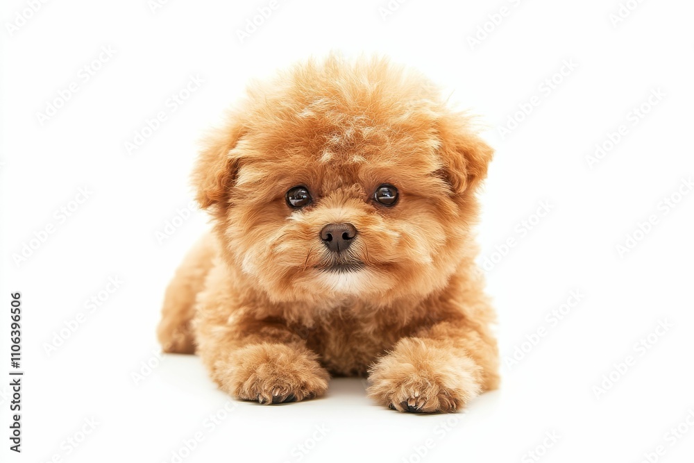 Fluffy brown puppy lies down; looks directly ahead. Fluffy brown puppy lies down; looks directly ahead.