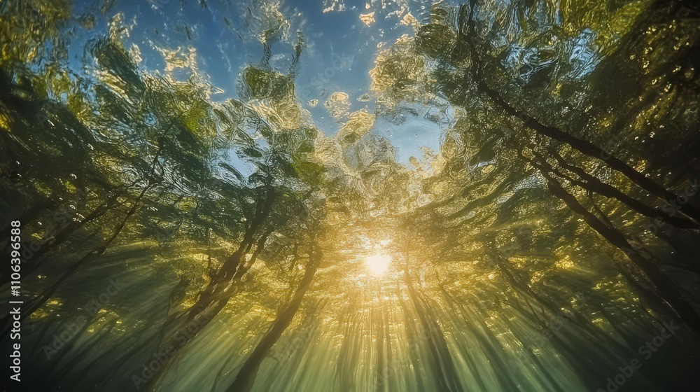 Sunbeams through underwater forest. Sunbeams through underwater forest.
