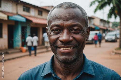 Close portrait of a smiling senior Ivorian man looking at the camera, Ivorian city outdoors blurred background