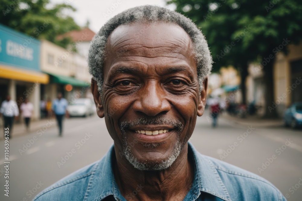 Close portrait of a smiling senior Jamaican man looking at the camera, Jamaican city outdoors blurred background Close portrait of a smiling senior Jamaican man looking at the camera, Jamaican city outdoors blurred background