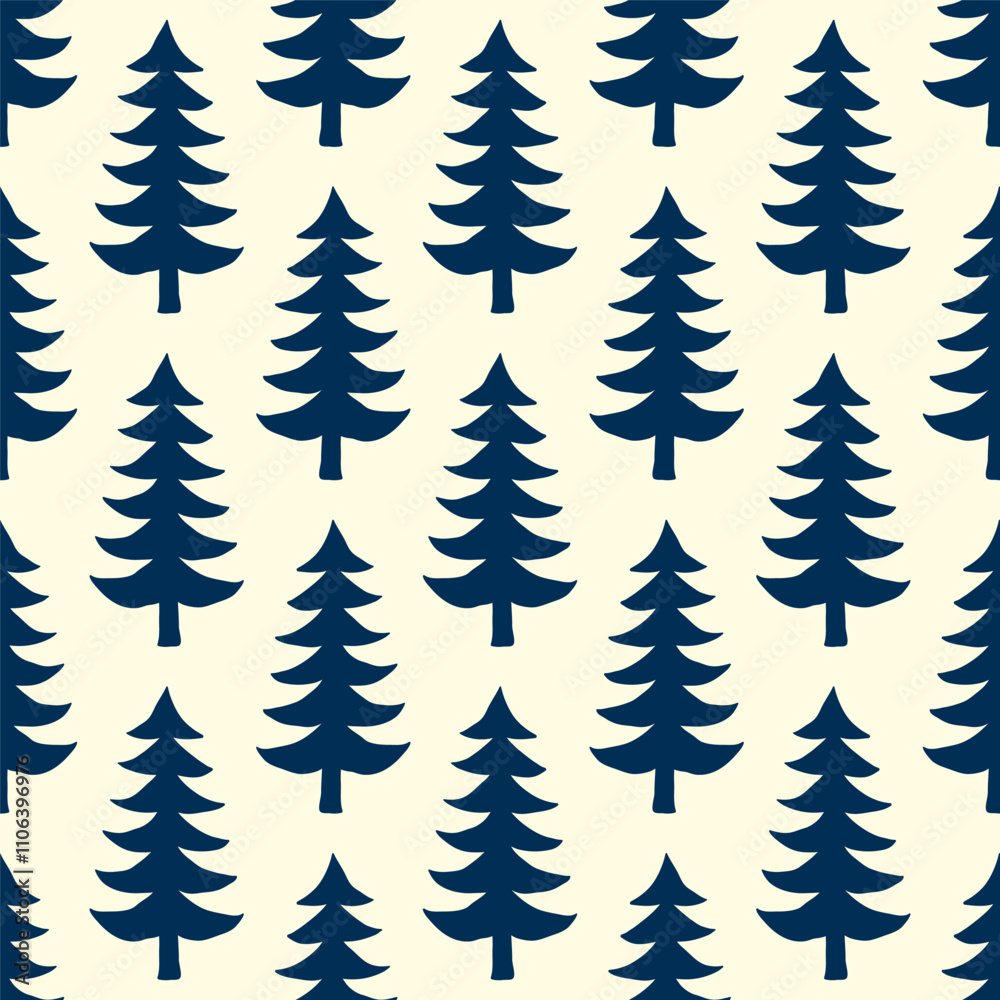 Obraz premium Small dark blue fir trees isolated on white background. Cute monochrome seamless pattern. Vector simple flat graphic hand drawn illustration. Texture.