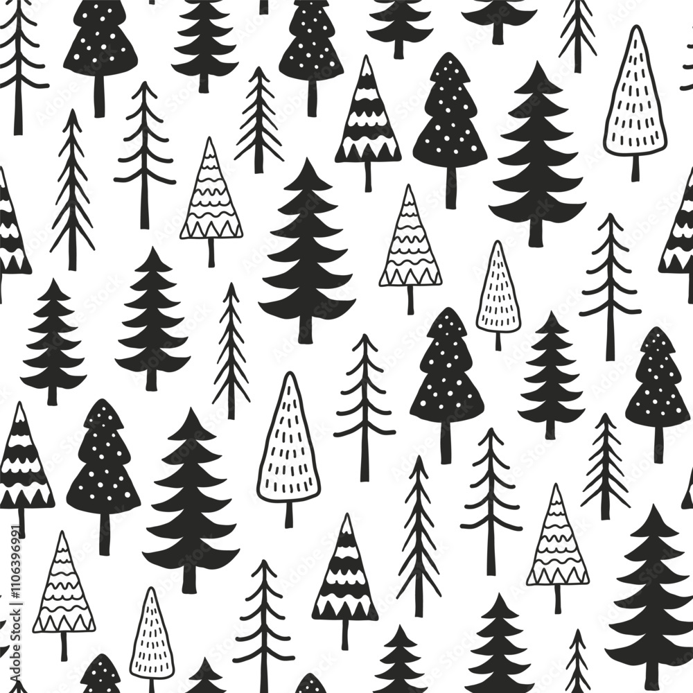 Obraz premium Small different black fir trees isolated on white background. Cute monochrome seamless pattern. Vector simple flat graphic hand drawn illustration. Texture.