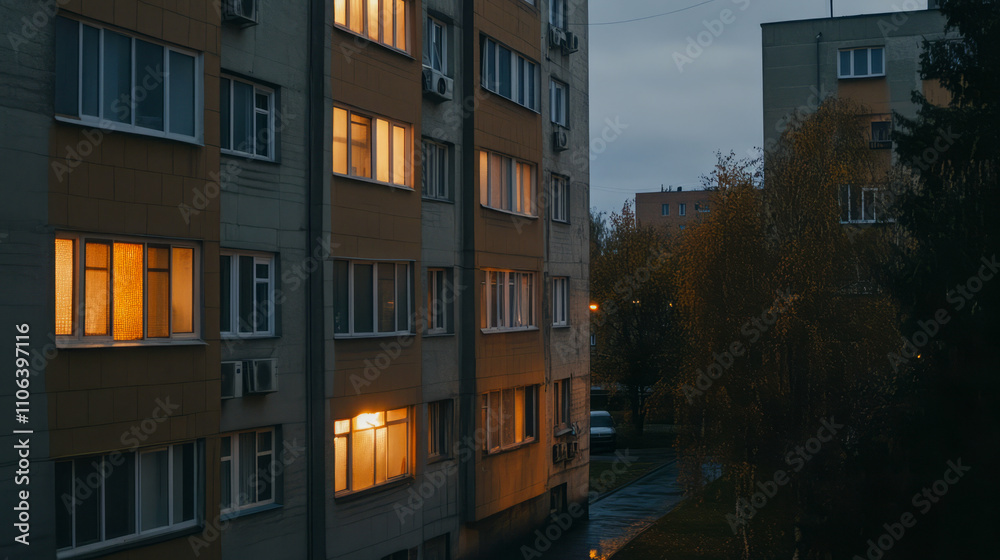 Obraz premium Urban evening scene with illuminated apartment windows in autumn