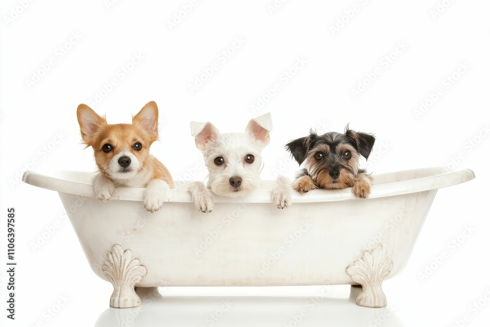 Three small dogs in an ornate tub. Three small dogs in an ornate tub.
