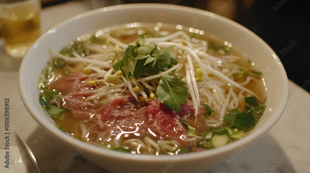 A steaming bowl of pho with rice noodles sliced beef bean sprouts and fresh herbs. A steaming bowl of pho with rice noodles sliced beef bean sprouts and fresh herbs.