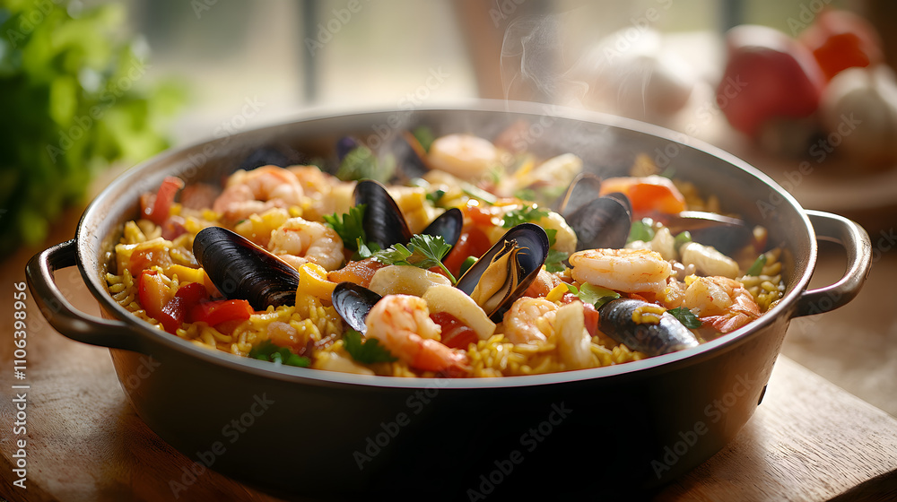 A steaming pot of seafood paella with saffron rice mussels shrimp and vibrant vegetables. A steaming pot of seafood paella with saffron rice mussels shrimp and vibrant vegetables.