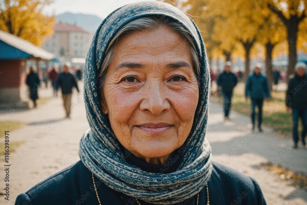 Close portrait of a smiling senior Kyrgyz woman looking at the camera, Kyrgyz city outdoors blurred background Close portrait of a smiling senior Kyrgyz woman looking at the camera, Kyrgyz city outdoors blurred background