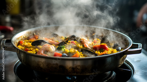 A steaming pot of seafood paella with saffron rice mussels shrimp and vibrant vegetables.