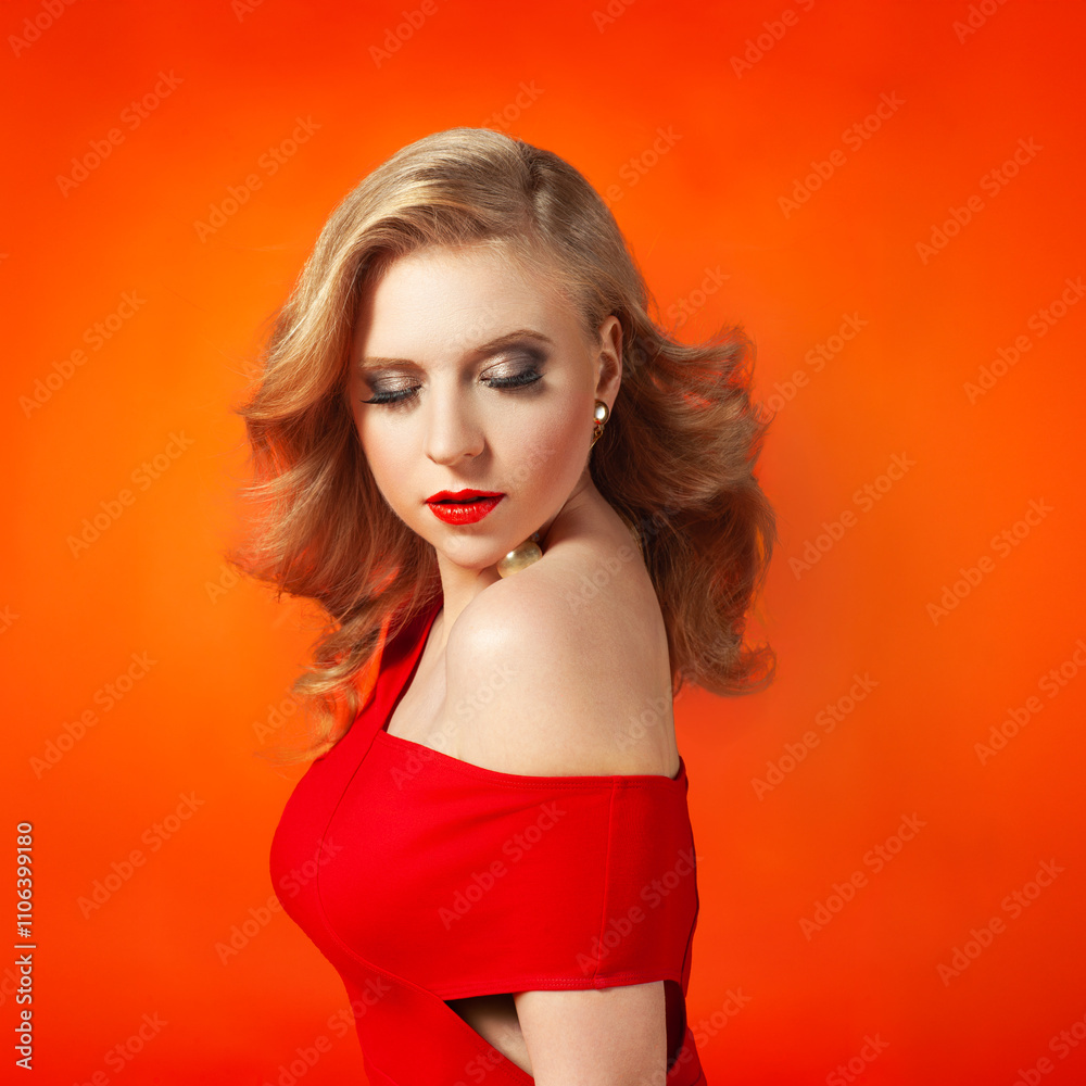 Glamorous Woman in Red Dress with Beauty Makeup Glamorous Woman in Red Dress with Beauty Makeup