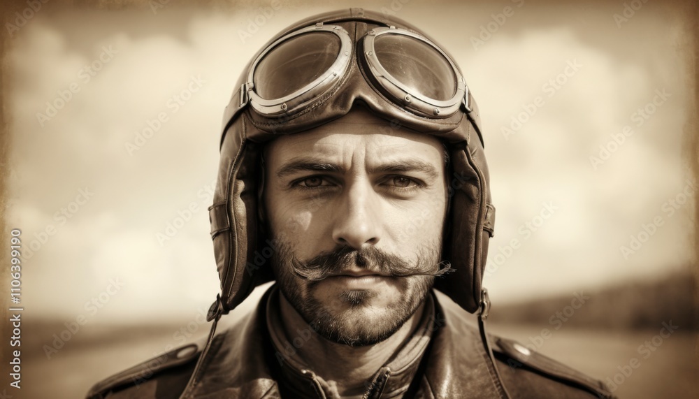 Attractive aviator donning retro flight gear and handlebar mustache Attractive aviator donning retro flight gear and handlebar mustache