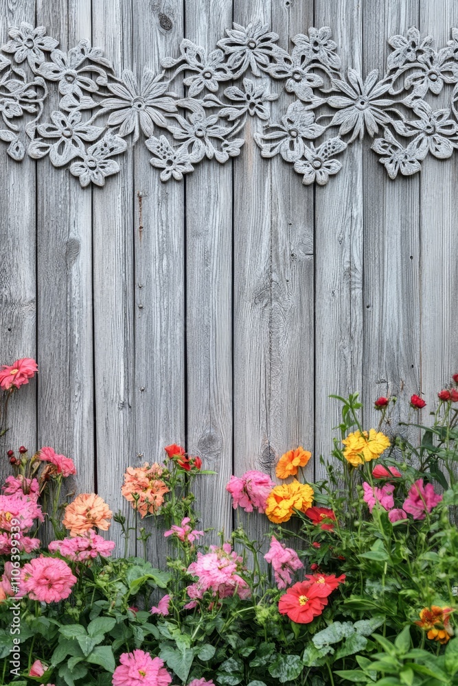 Fototapeta premium Gray wood fence, carved flowers, colorful blooms.