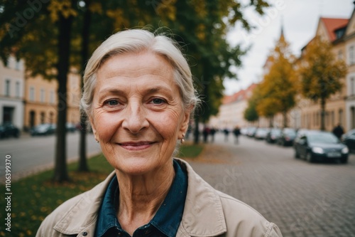 Close portrait of a smiling senior Latvian woman looking at the camera, Latvian city outdoors blurred background