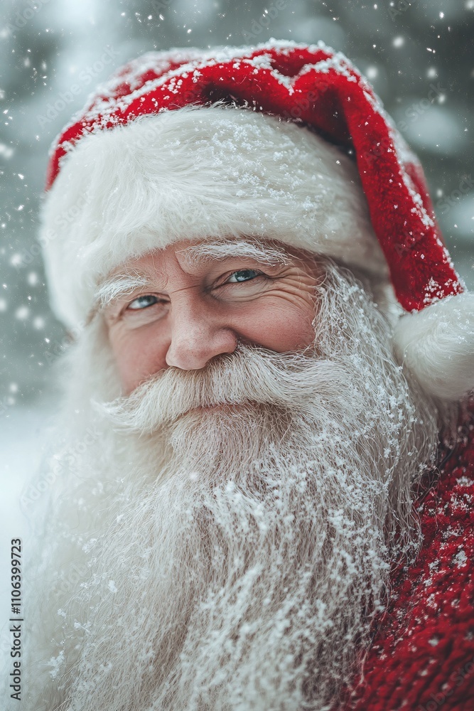 A close-up portrait of Santa Claus with a big white beard, red hat, and classic red outfit He has a jolly expression with twinkling eyes, set against a snowy winter background 6 A close-up portrait of Santa Claus with a big white beard, red hat, and classic red outfit He has a jolly expression with twinkling eyes, set against a snowy winter background 6