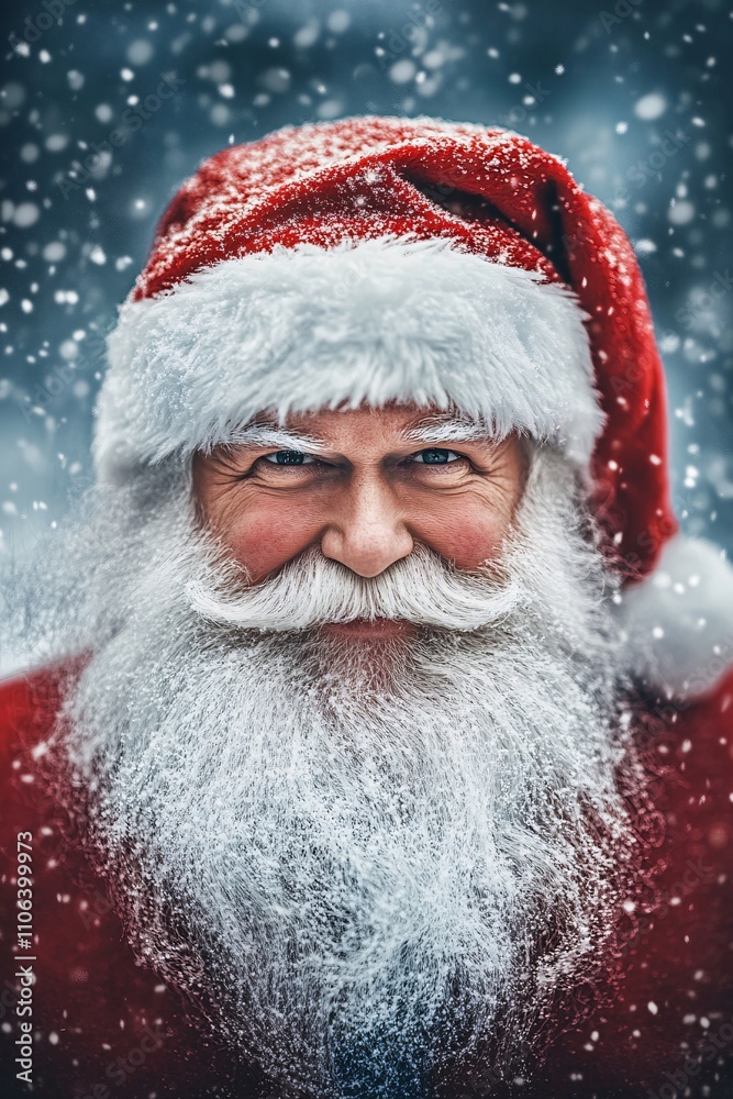 A close-up portrait of Santa Claus with a big white beard, red hat, and classic red outfit He has a jolly expression with twinkling eyes, set against a snowy winter background 8 A close-up portrait of Santa Claus with a big white beard, red hat, and classic red outfit He has a jolly expression with twinkling eyes, set against a snowy winter background 8