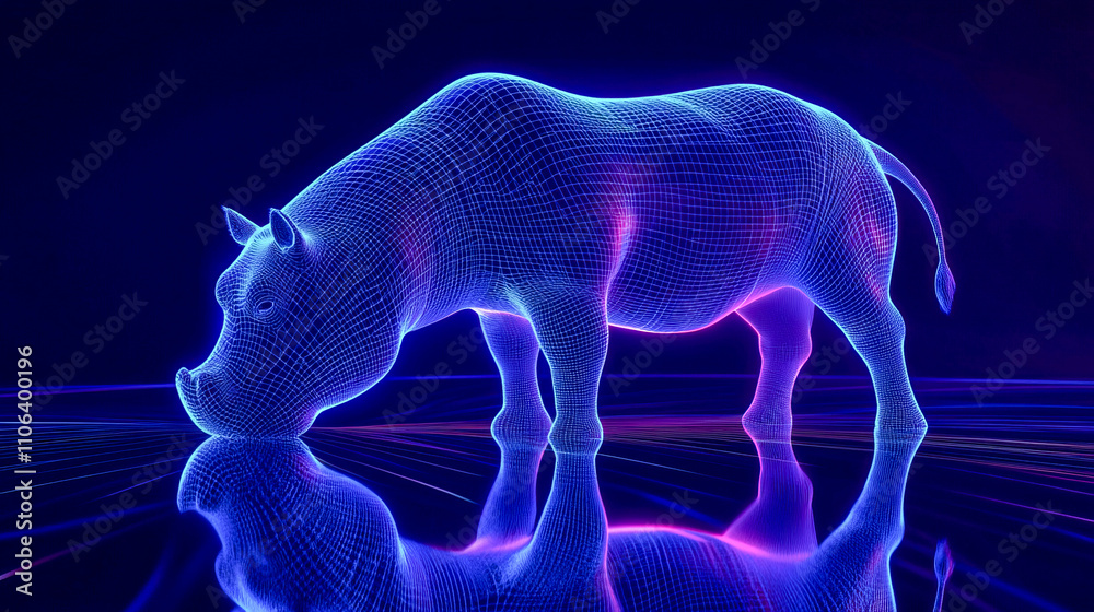 Neon wireframe rhino art in futuristic digital design Neon wireframe rhino art in futuristic digital design