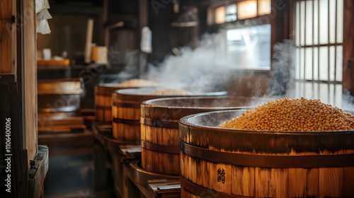 A traditional Japanese miso fermentation setup with large wooden barrels and freshly steamed soybeans.