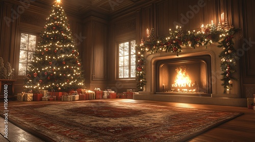 Xmas interior with fireplace