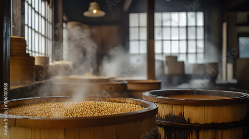 A traditional Japanese miso fermentation setup with large wooden barrels and freshly steamed soybeans. photo