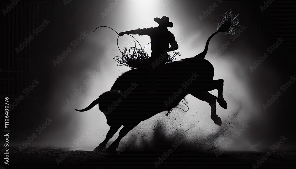 Naklejka premium A rodeo cowboy riding a bucking bull, silhouette, action photography, aesthetics,