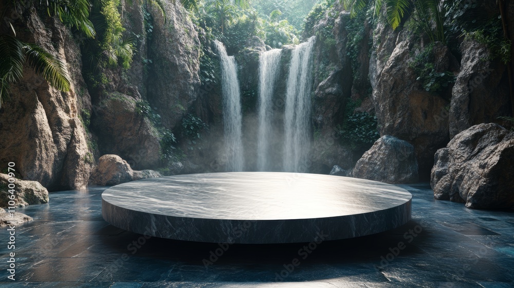 A circular stone podium in front of a beautiful waterfall in a lush tropical jungle with misty air and sunlight. A circular stone podium in front of a beautiful waterfall in a lush tropical jungle with misty air and sunlight.