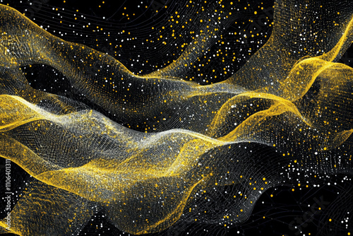 Abstract glowing particle texture, dynamic yellow and white dots scattered against a black backdrop, energetic and futuristic