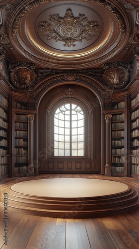 A circular wooden platform in a library with arched windows, bookshelves, and ornate detailing.