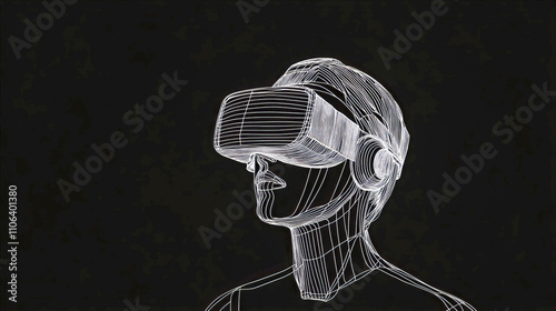 Wireframe caucasian adult male with vr headset on black background