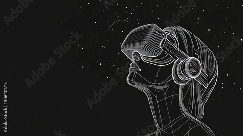 Wireframe art of caucasian female using virtual reality headset in space scene