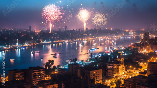A vibrant New Years Eve in Cairo with fireworks above the Nile and cityscape views.