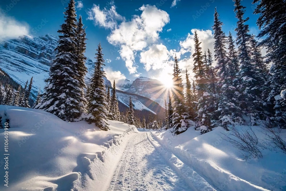 A vibrant snowy mountain path lined with green fir trees, glowing blue sky with fluffy clouds, sunlight casting long shadows, medium close-up 5 A vibrant snowy mountain path lined with green fir trees, glowing blue sky with fluffy clouds, sunlight casting long shadows, medium close-up 5